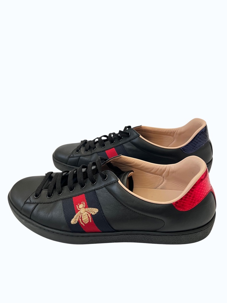 Gucci Ace Bee Embroidered Sneakers Men’s Size 11 Black Leather Web Stripe Shoes